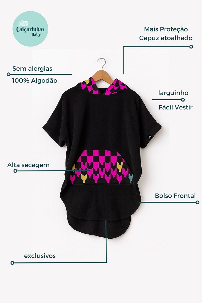Roupão Poncho Infantil Com Capuz 100% Algodão Atoalhado Super Secagem Proteção UV50+ Preto e Rosa Quadriculados