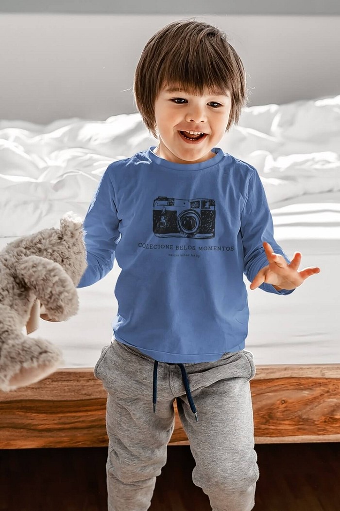 Camiseta Infantil Manga Longa Algodão Toque Macio Azul Escuro Colecione Momentos