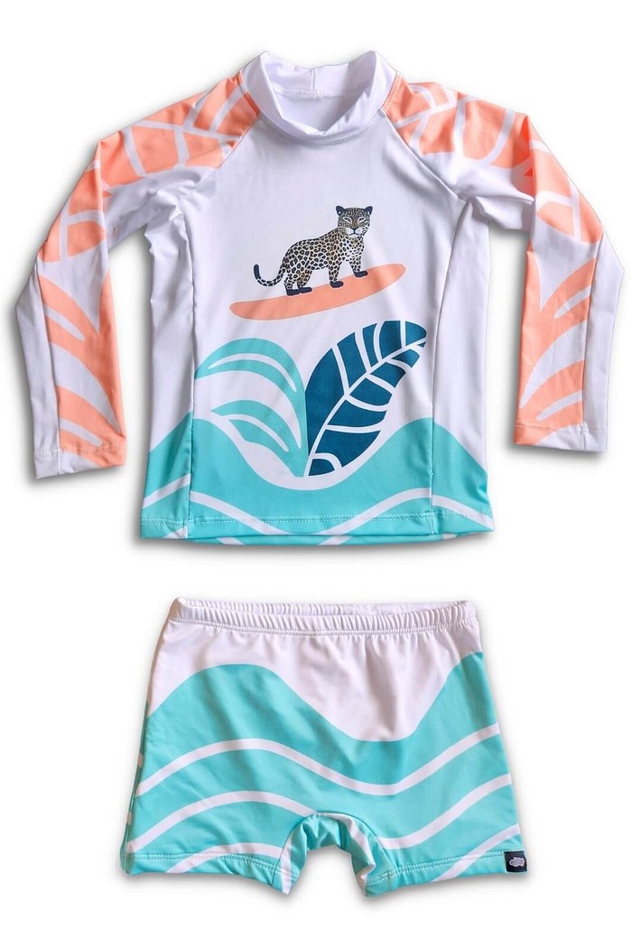 Camisa Proteção Uv 50+ Infantil + Sunga Branco Onça Surfista