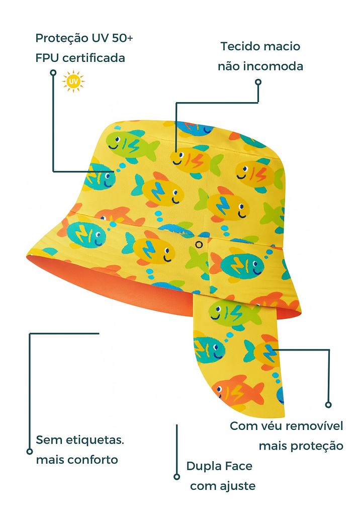 Chapéu infantil Proteção Solar UV 50+ Dupla Face Ajustável Amarelo Peixinhos