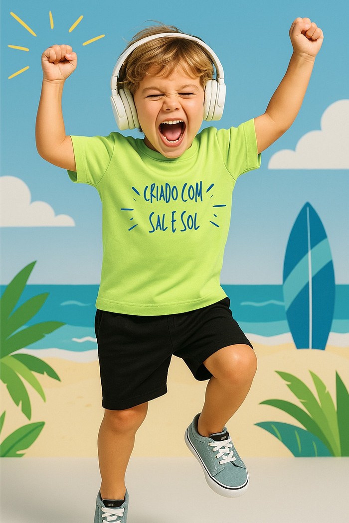 Camiseta Infantil MC Verde Claro Criado no sol e mar