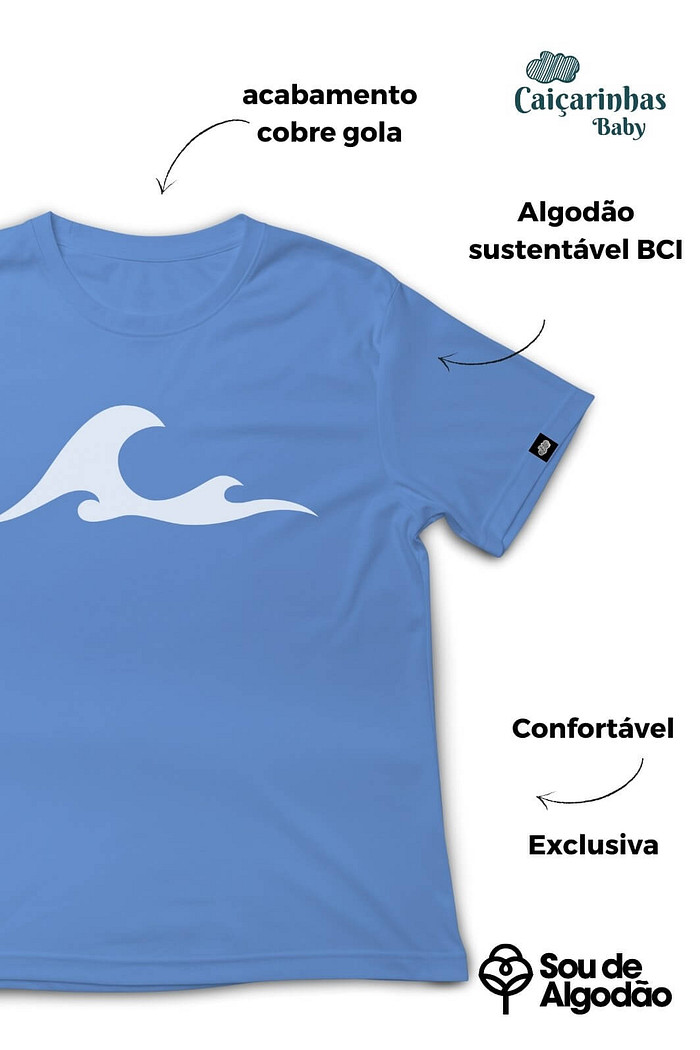 Camiseta Infantil Manga Curta Algodão Sustentável Exclusiva Azul Onda