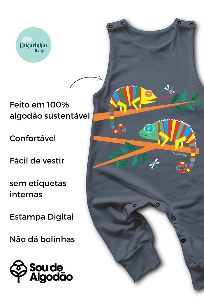 Macacão Bebê Regata Longo Algodão Sustentável Fácil Vestir Cinza Camaleões