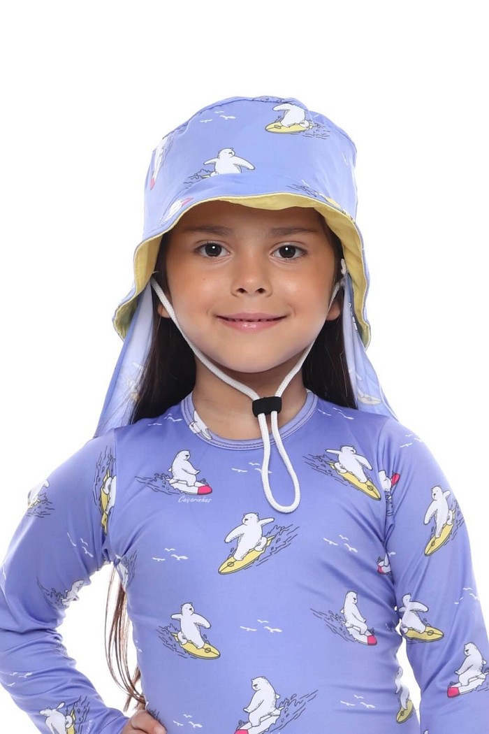 Chapéu infantil Proteção Solar UV 50+ Dupla Face Praia e Piscina Roxo Urso Surf