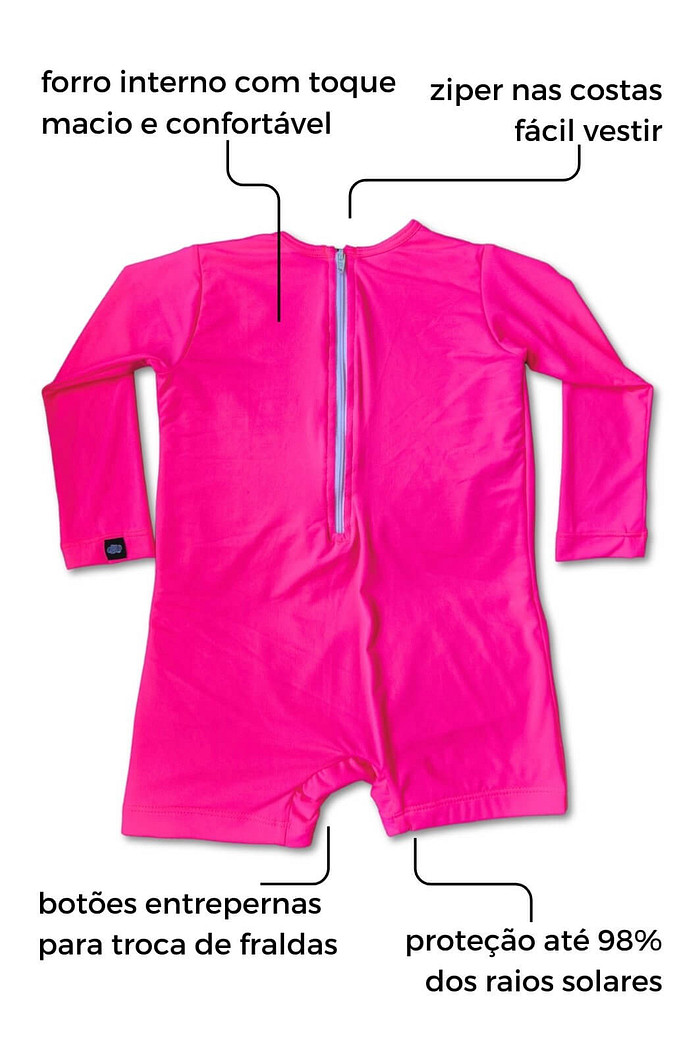 Macacão Praia Bebê Proteção Solar UV 50+ Manga Longa Rosa Poliamida