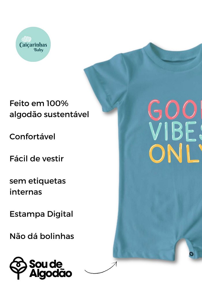 Macacão Bebê Curto Algodão Sustentável Azul Good Vibes