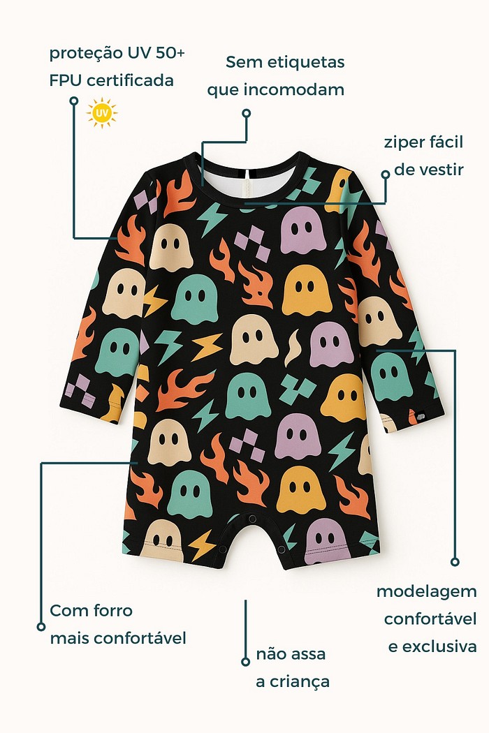 Macacão Praia Bebê Proteção Solar UV 50+ Manga Longa Preto Fantasminhas
