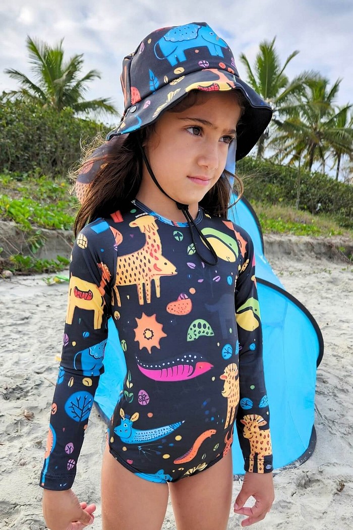 Maiô Infantil Proteção Solar UV 50+ Manga Longa e Zíper nas Costas Preto Animais Abstratos