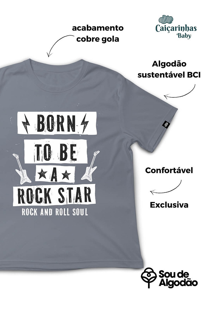 Camiseta Infantil Manga Curta Algodão Sustentável Exclusiva Cinza Rock Star