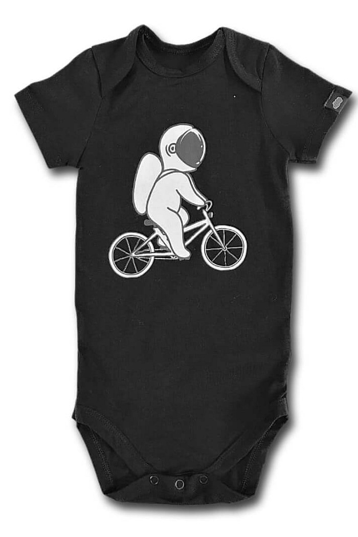 Body Bebê Manga Curta Astronauta Preto Algodão Sustentável Macio
