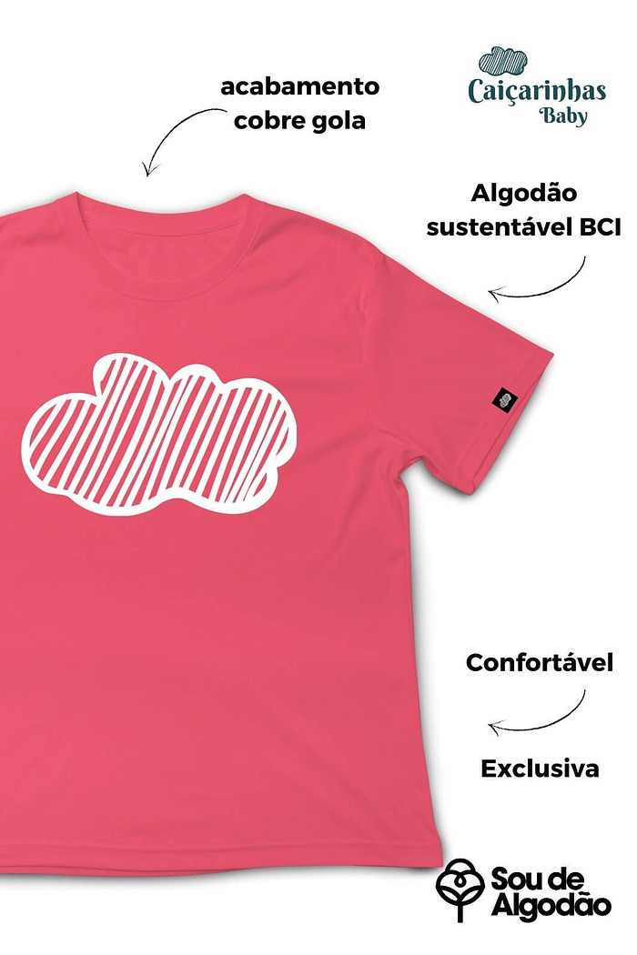 Camiseta Infantil Manga Curta Algodão Sustentável Exclusiva Vermelho Nuvem