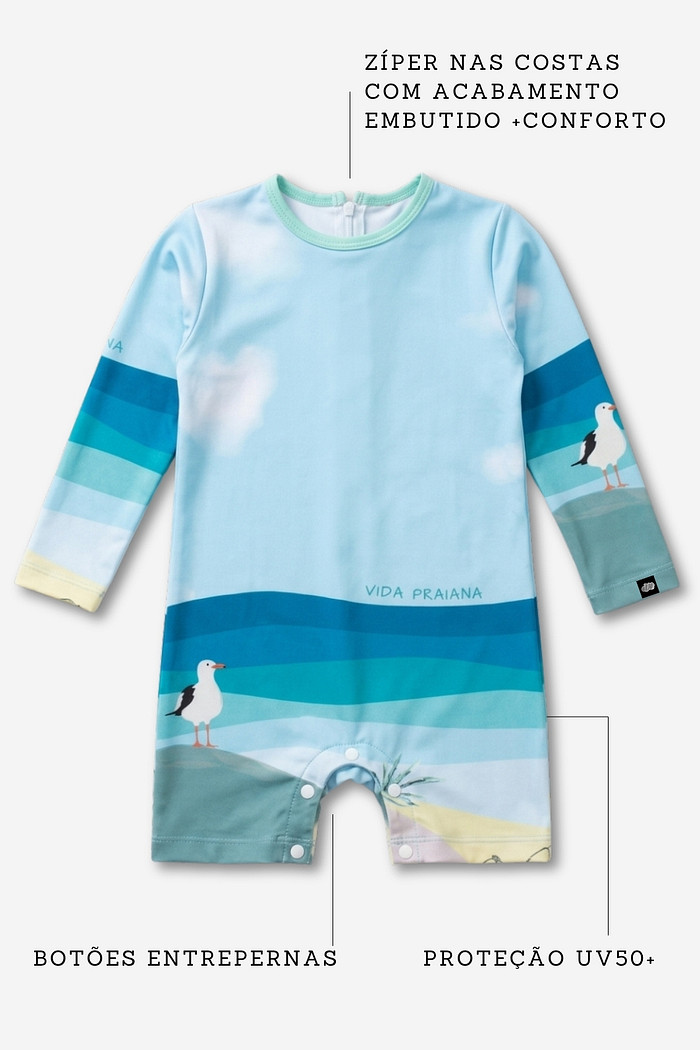 Macacão Praia Bebê Proteção Solar UV 50+ Manga Longa Azul Vida Praiana