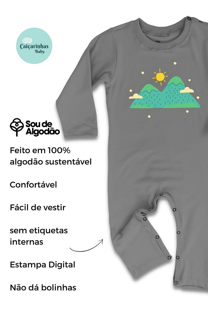 Macacão Bebê Longo Manga Longa Cinza Aventura na Montanha