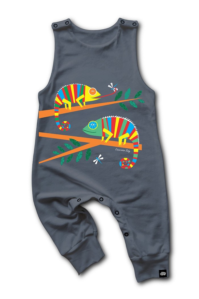 Macacão Bebê Regata Longo Algodão Sustentável Fácil Vestir Cinza Camaleões