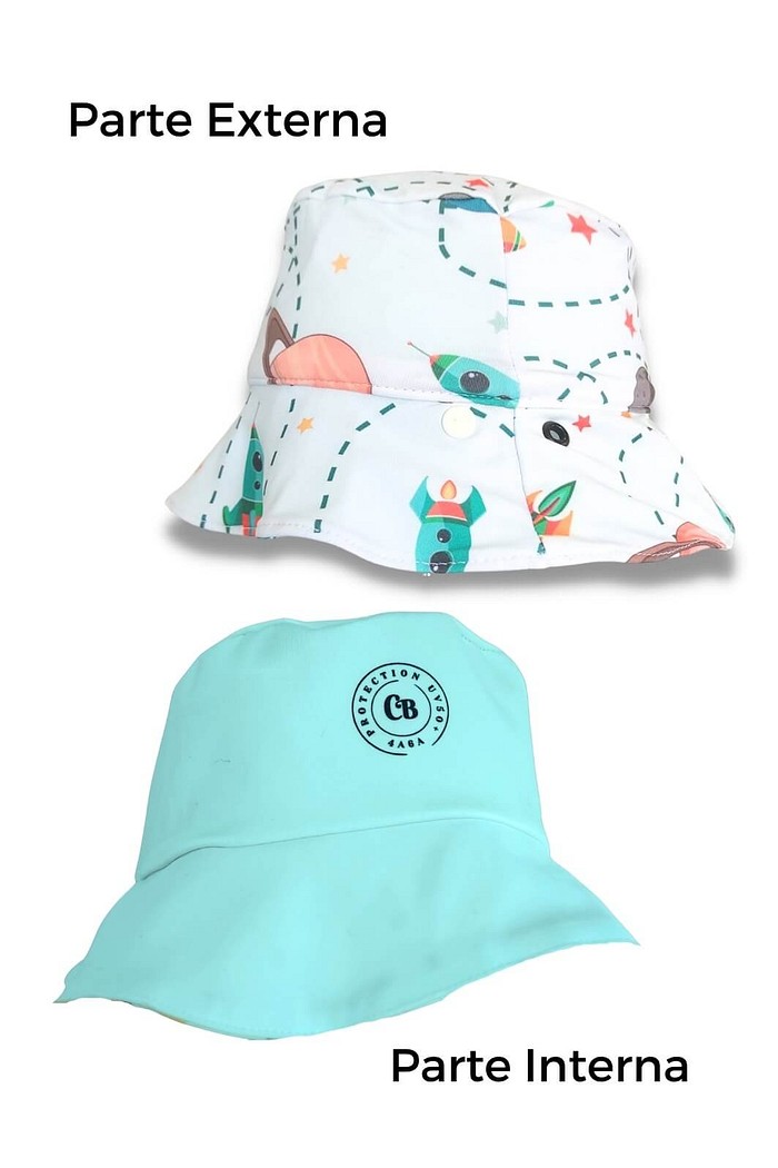 Chapéu infantil Proteção Solar UV 50+ Dupla Face Praia e Piscina Branco Universo