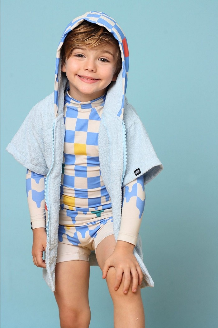 Roupão Infantil Com Capuz 100% Algodão Atoalhado Super Secagem Proteção UV50+ Azul Quadriculados