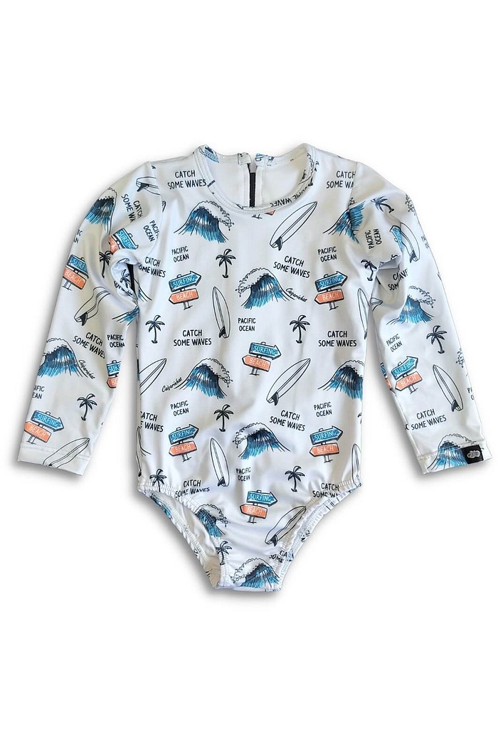 Maiô Infantil Proteção Solar UV 50+ Manga Longa e Zíper nas Costas Cinza Catch Some Waves