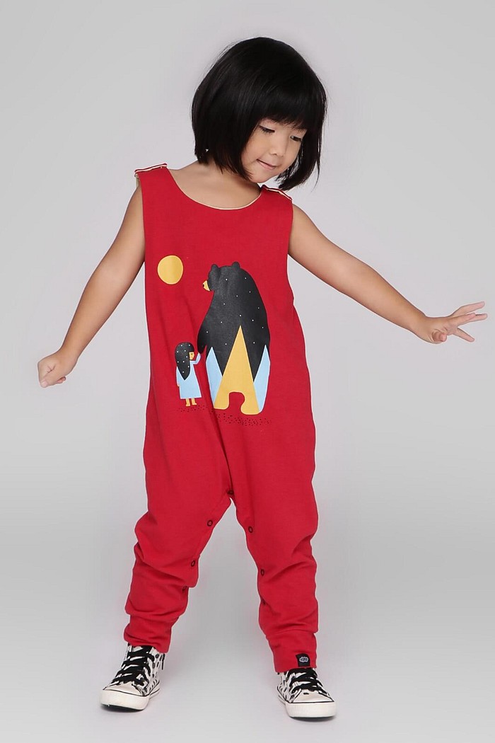 Macacão Bebê Regata Longo Algodão Sustentável Fácil Vestir Vermelho Menina e Urso