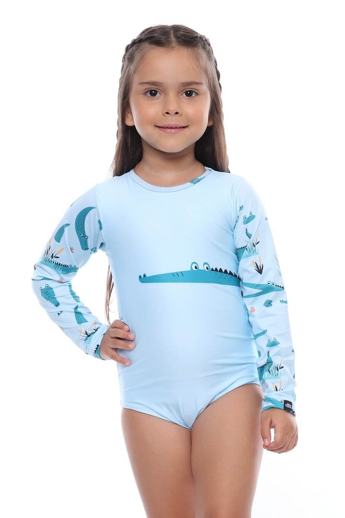 Maiô Infantil Proteção Solar UV 50+ Manga Longa e Zíper nas Costas Azul Jacaré