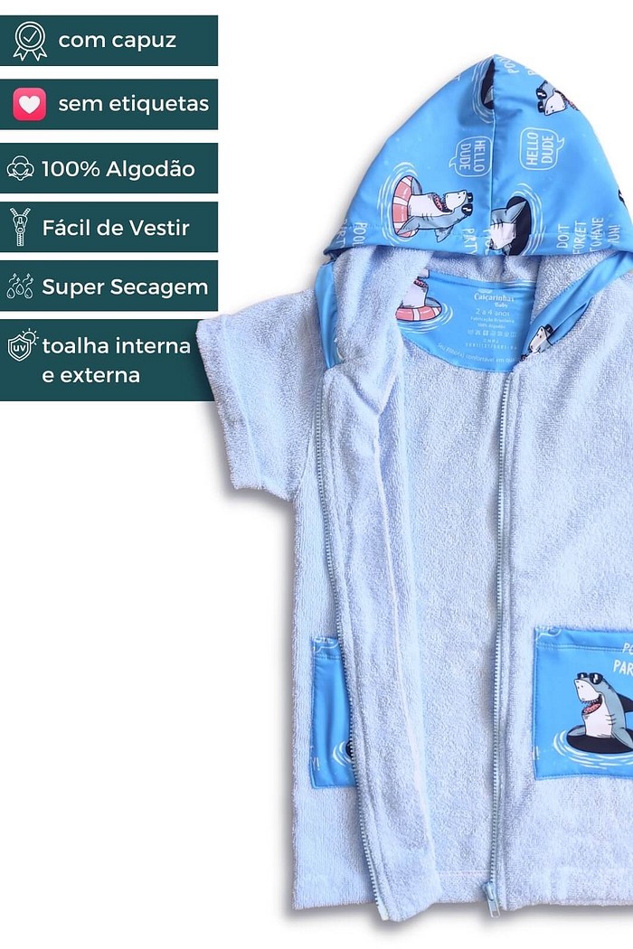 Roupão Infantil Com Capuz e Zíper 100% Algodão Super Secagem Proteção UV50+ Azul Tuba Relax