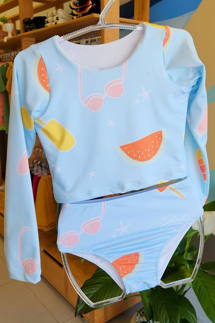 Cropped ML UV Azul Summer com Calcinha Alta Confortável