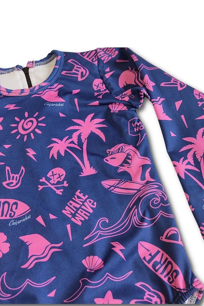 Maiô Infantil Proteção Solar UV 50+ Manga Longa e Zíper nas Costas Azul Praia e Sol