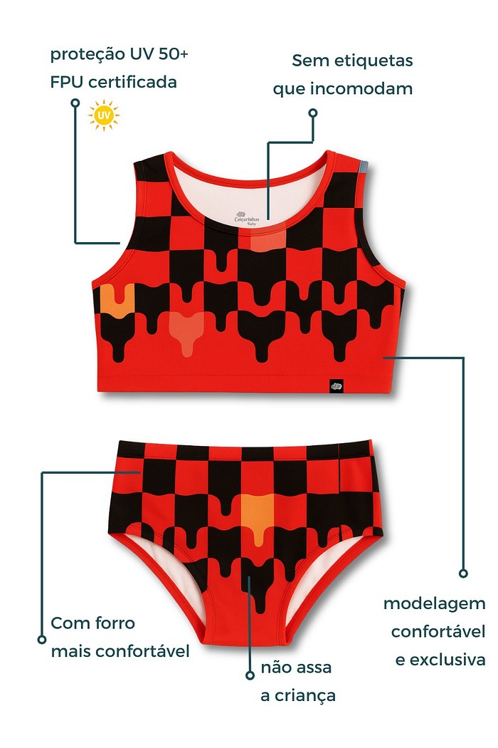 Cropped Regata e Calcinha Alta Proteção UV50+ Vermelho Quadriculados