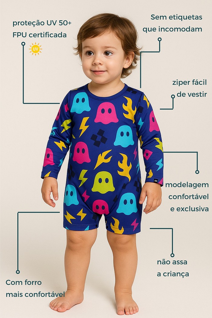 Macacão Praia Bebê Proteção Solar UV 50+ Manga Longa Azul Fantasminhas