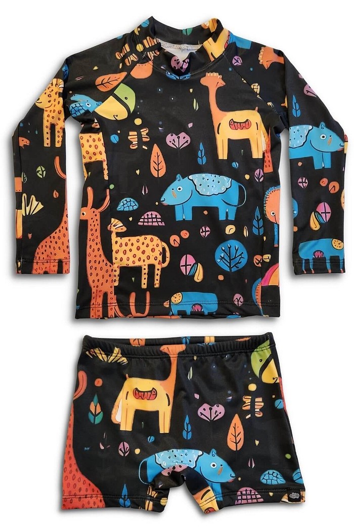 Camisa Proteção Uv 50+ Infantil + Sunga Preto Animais Abstratos