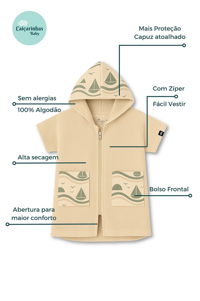 Roupão Infantil Com Capuz 100% Algodão Atoalhado Super Secagem Proteção UV50+ Areia Barquinhos