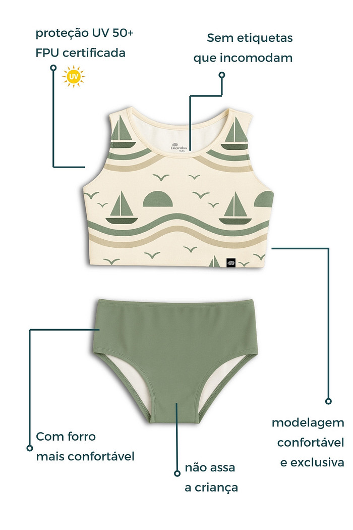 Cropped Regata e Calcinha Alta Proteção UV50+ Off White Barquinhos