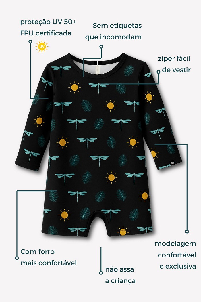 Macacão Praia Bebê Proteção Solar UV 50+ Manga Longa Preto Libélulas