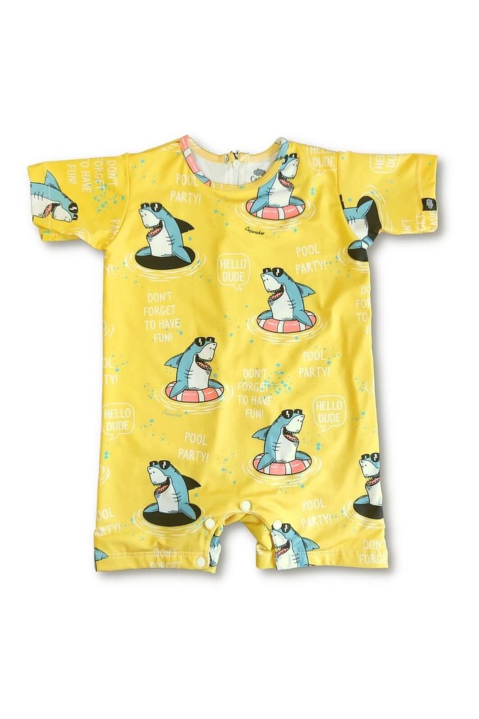 Macacão Praia Bebê Proteção Solar UV 50+ Manga Curta Amarelo Tubarão