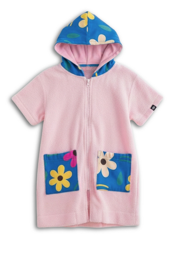 Roupão Infantil Com Capuz 100% Algodão Atoalhado Super Secagem Proteção UV50+ Rosa Dona Flor