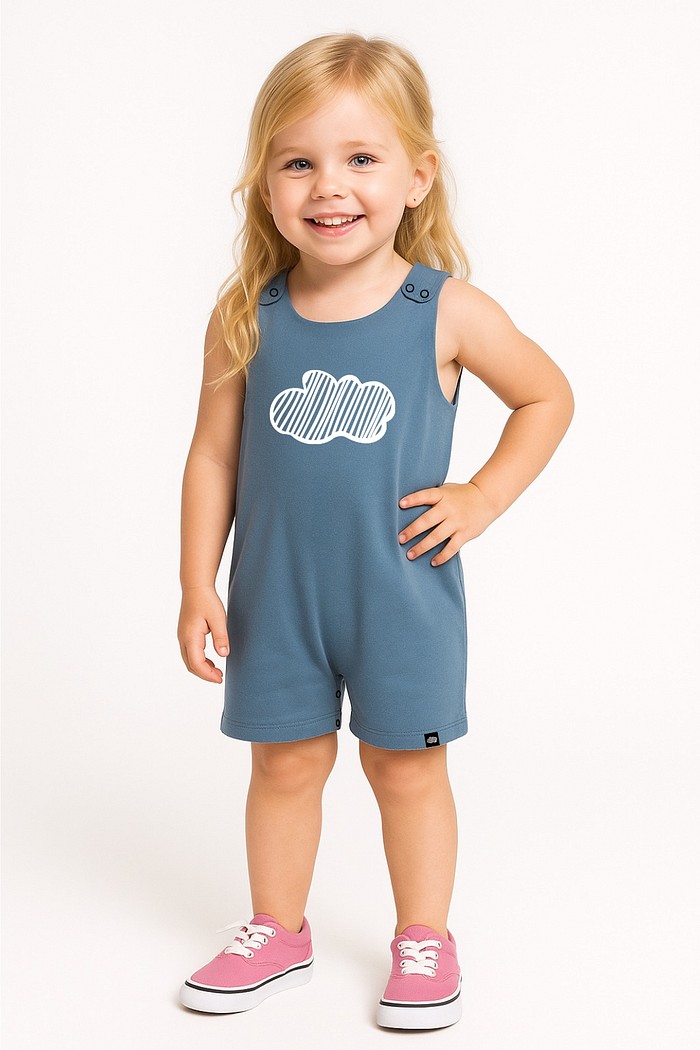 Macacão Infantil Curto Manga Regata Azul Nuvem Unissex