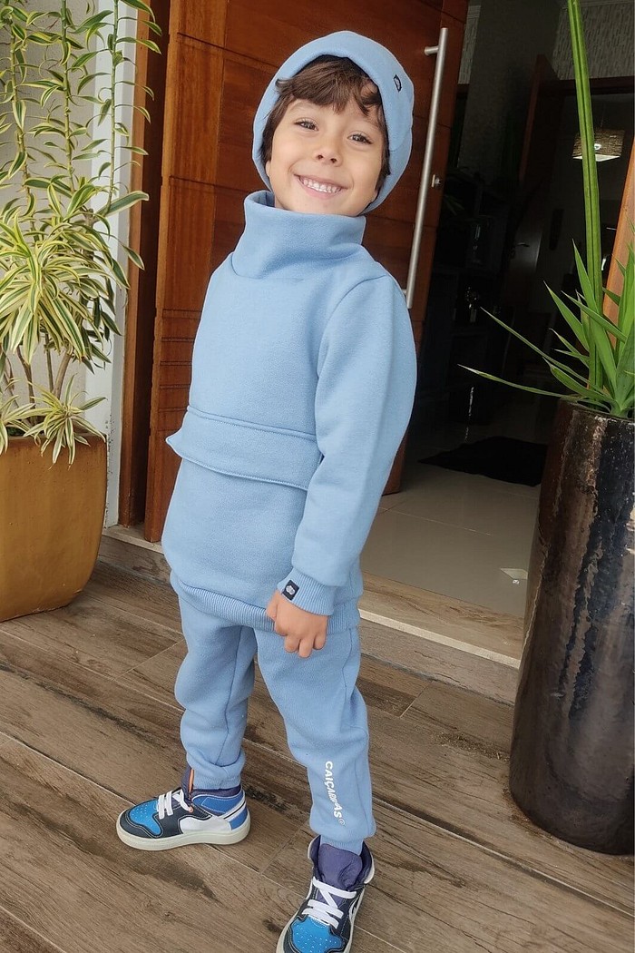 Casaco Moletom Infantil Gola Alta Azul Claro Moletom Flanelado
