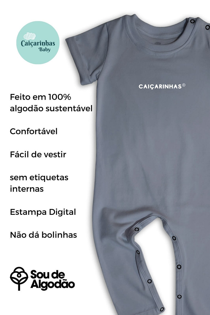 Macacão Bebê Longo Manga Curta Cinza Médio Caiçarinhas