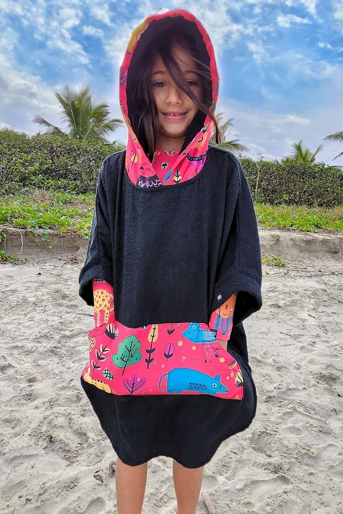 Roupão Poncho infantil 100% algodão Preto Animais