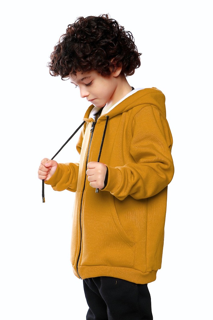 Casaco Moletom Infantil com Capuz e Zíper Mostarda Moletom Flanelado