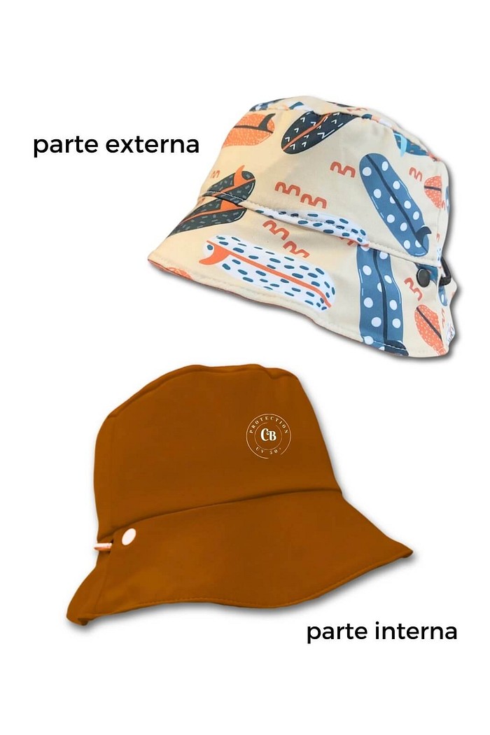 Chapéu infantil Proteção Solar UV 50+ Dupla Face Praia e Piscina Bege Pranchas