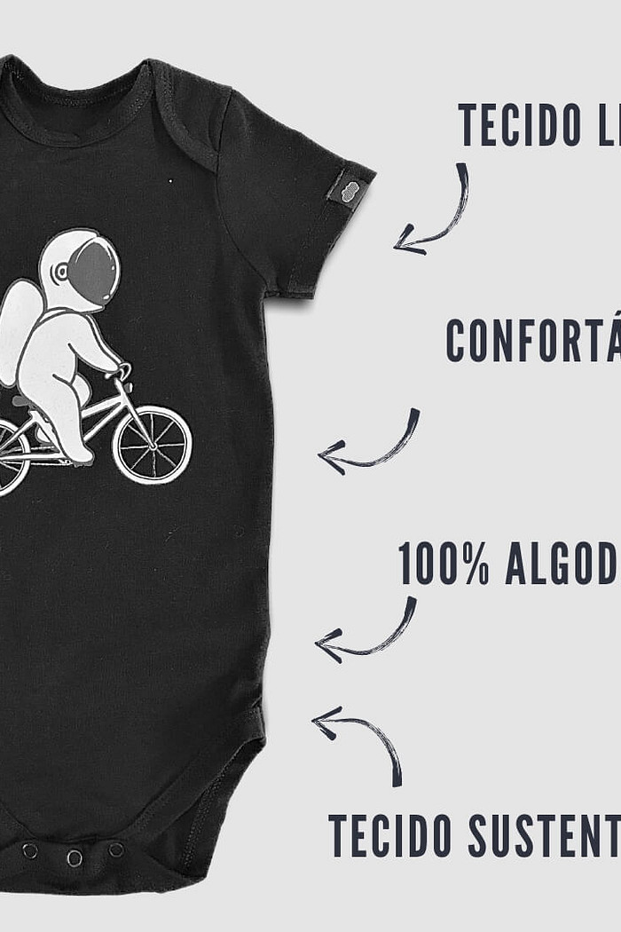 Body Bebê Manga Curta Astronauta Preto Algodão Sustentável Macio