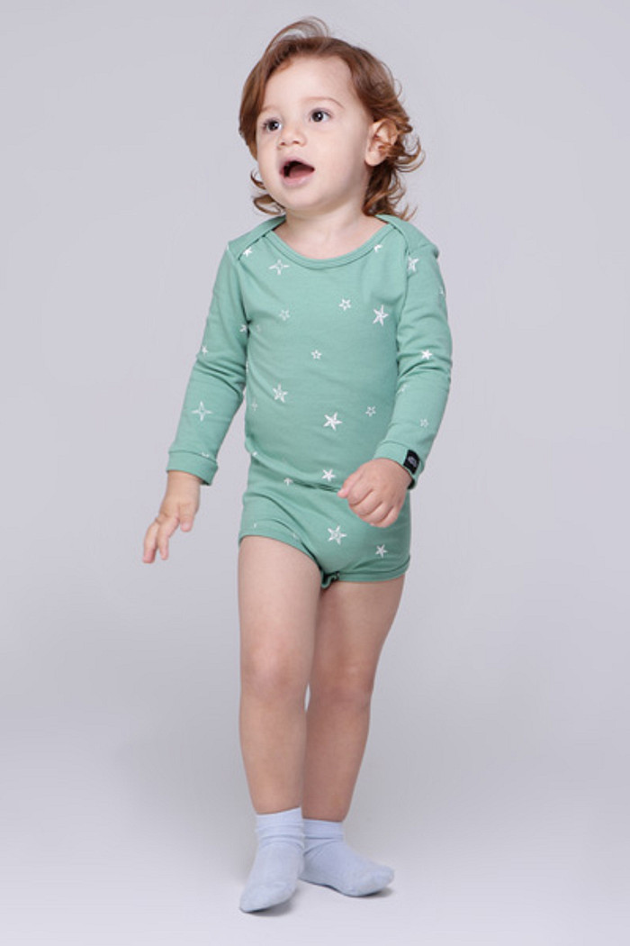 Body Bebê Manga Longa Verde Stars Algodão Sustentável Macio