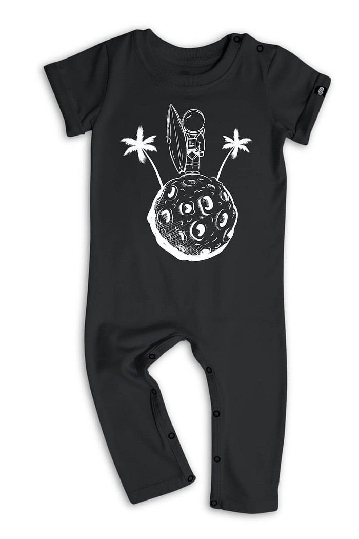 Macacão Bebê Longo Manga Curta Algodão Sustentável Toque Macio Preto Astronauta Surf