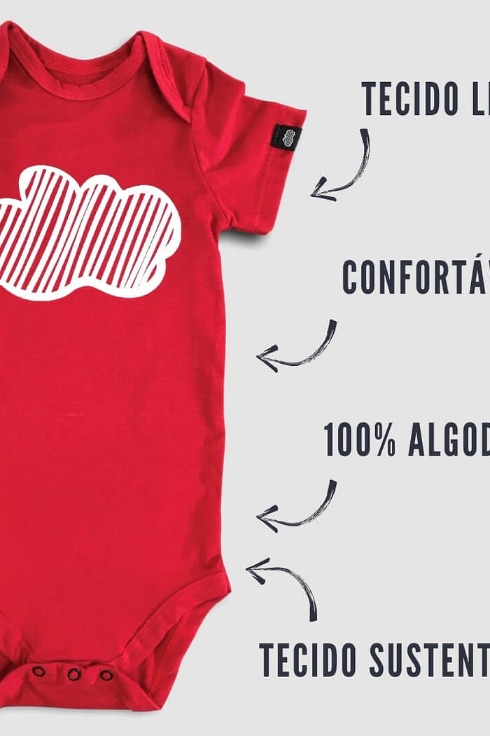 Body Bebê Manga Curta Vermelho Nuvem Algodão Sustentável Macio