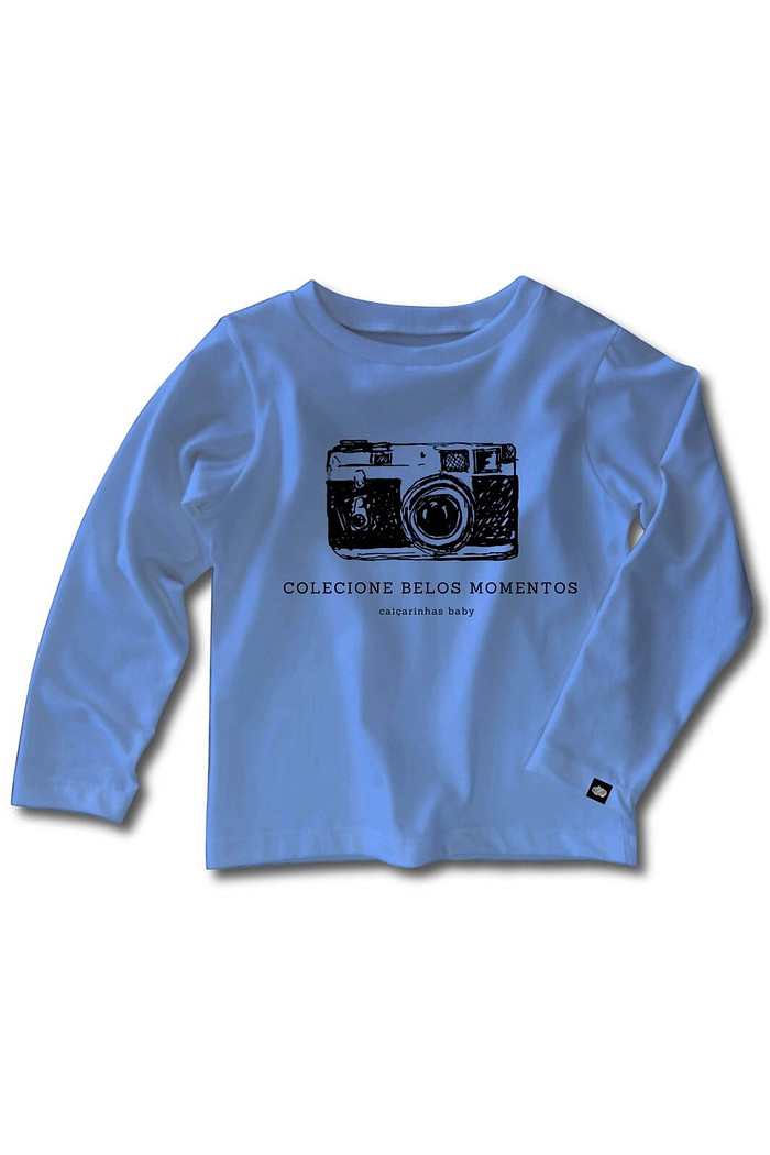 Camiseta Infantil Manga Longa Algodão Toque Macio Azul Escuro Colecione Momentos