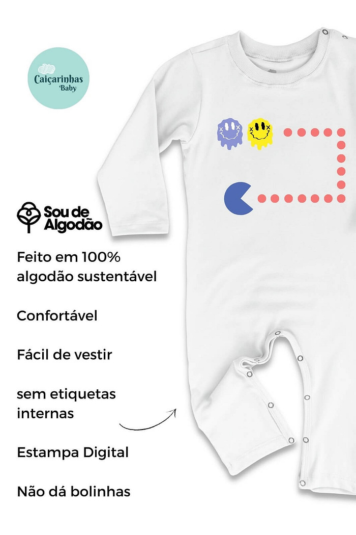 Macacão Bebê Longo Manga Longa Off White Pacman