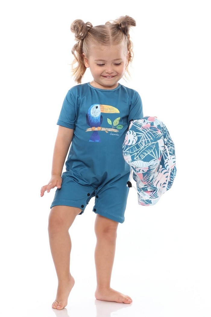 Macacão Praia Bebê Proteção Solar UV 50+ Manga Curta Azul Tucano