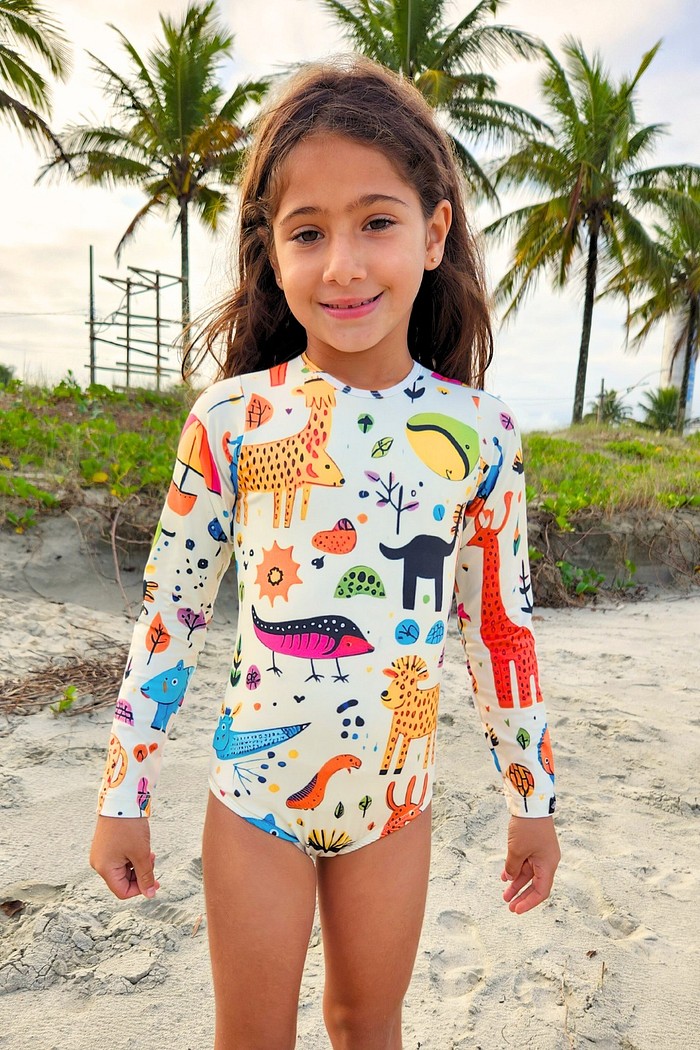 Maiô Infantil Proteção Solar UV 50+ Manga Longa e Zíper nas Costas Off White Animais