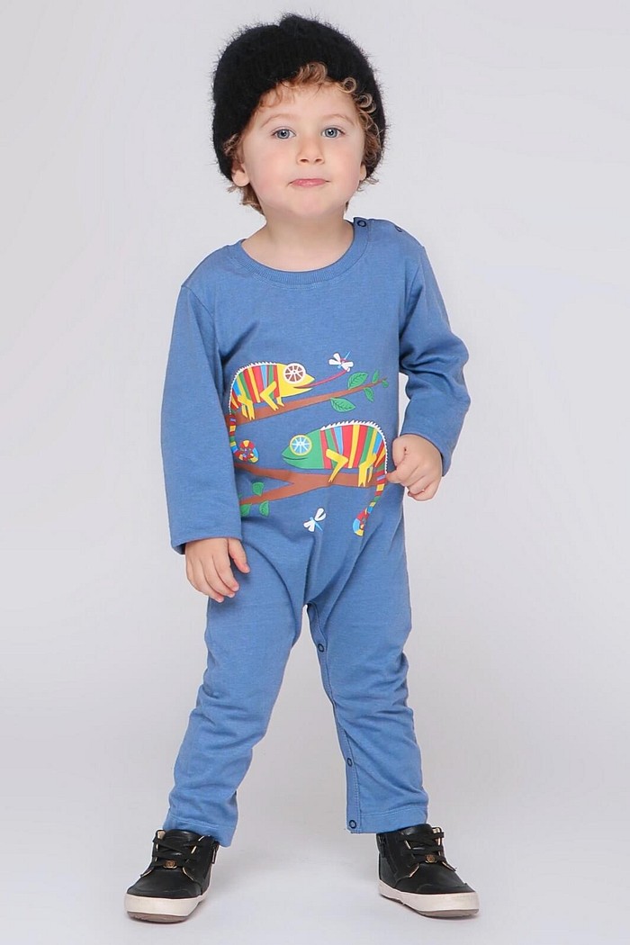 Macacão Bebê Longo Manga Longa Algodão Sustentável Confortável Azul Camaleões