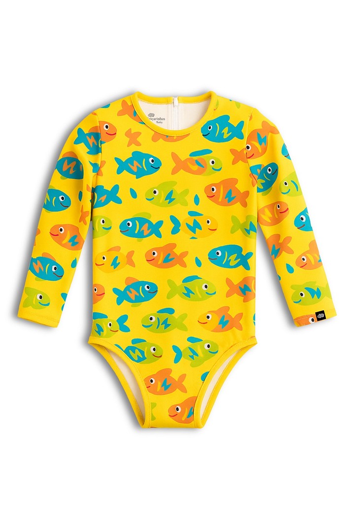 Maiô Manga Longa Proteção UV50+ Confortável Amarelo Peixinhos